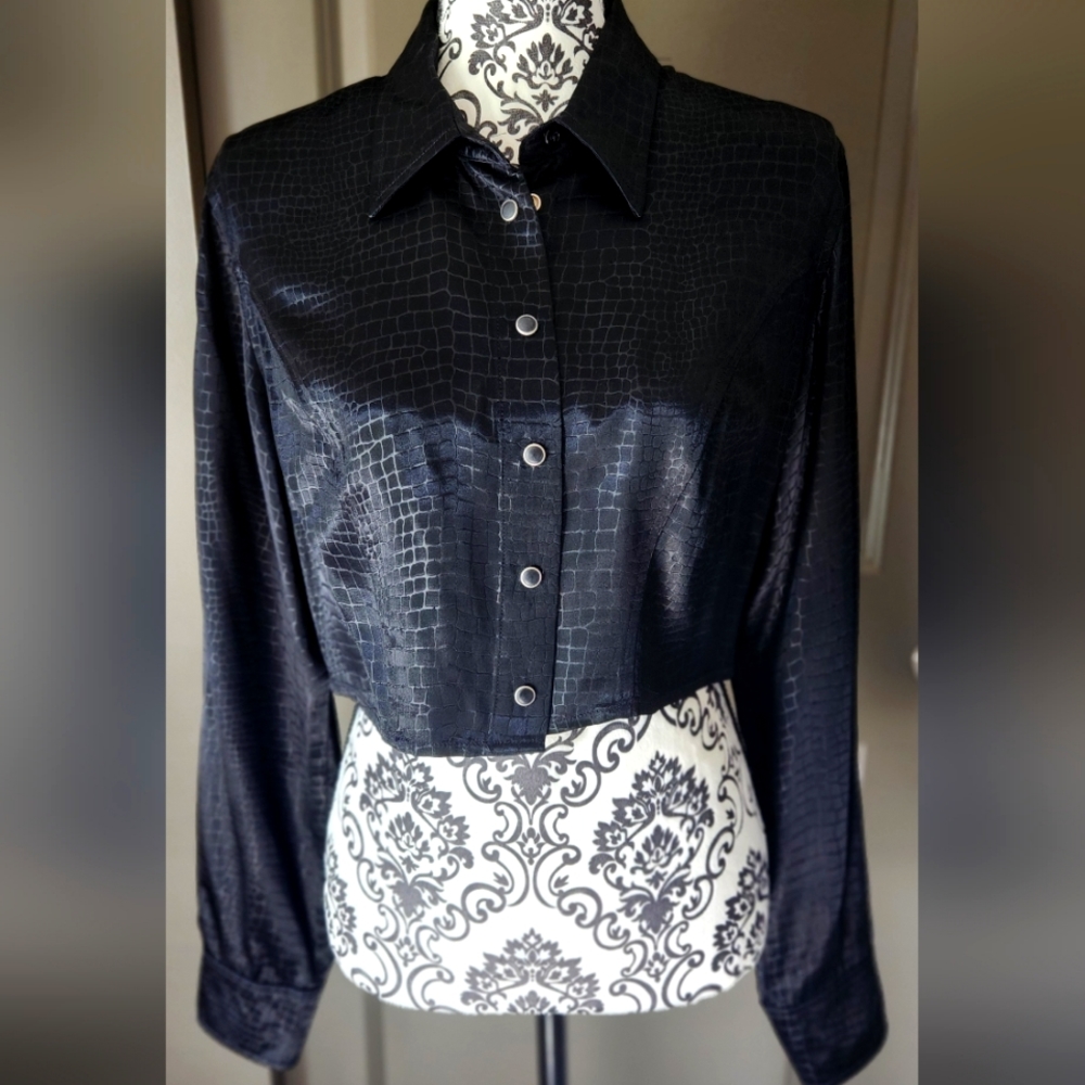 Vintage Guess Jean's Satin L/S Crop Top, Size XL, Black